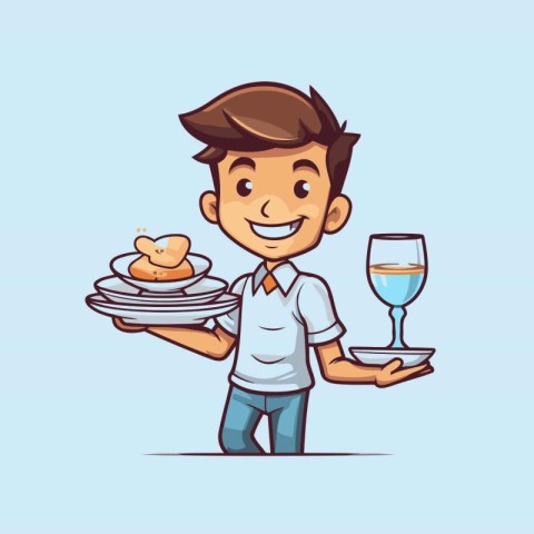 Vector illustration of a waiter holding a tray of food and a gla