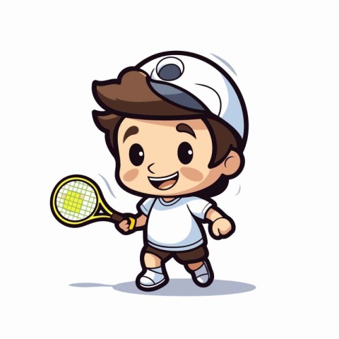 Tennis player with racket - Colorful Cartoon Illustration. Vecto