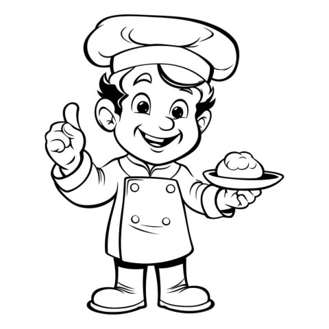 Black and White Cartoon Illustration of a Little Boy Chef Charac