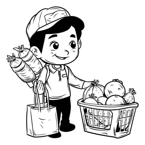 Cute boy with shopping basket and vegetables cartoon vector illu