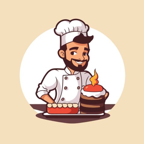 Chef with cake and cupcake. Vector illustration in cartoon style