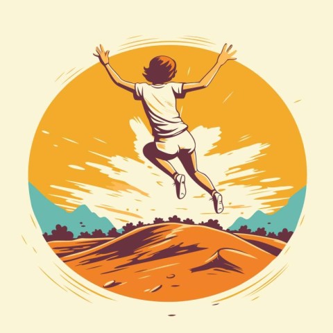 Young man jumping in the field. Vector illustration in retro sty