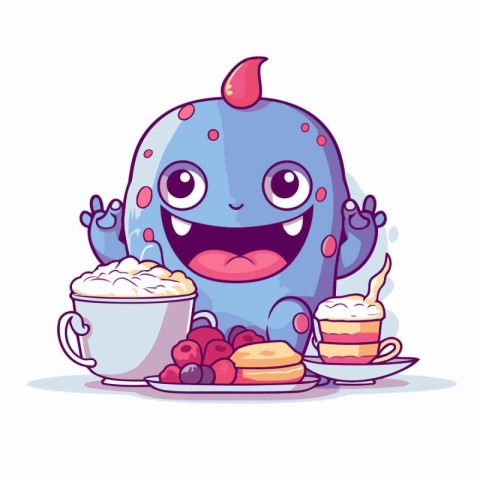 Cute cartoon monster with a cup of coffee. Vector illustration.