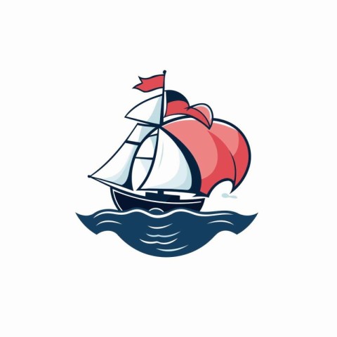 Sailing ship with red sails on a white background. Vector illust