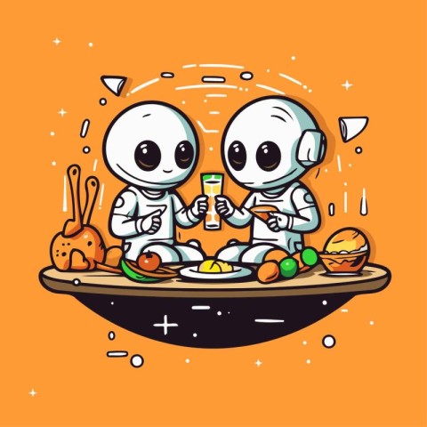 Cute cartoon astronauts drinking champagne. Vector illustration.