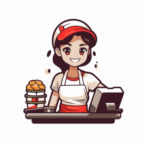 Cartoon vector illustration of a female baker with a laptop and