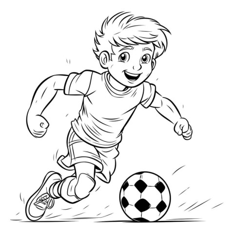 Soccer player kicking the ball. Black and white vector illustrat