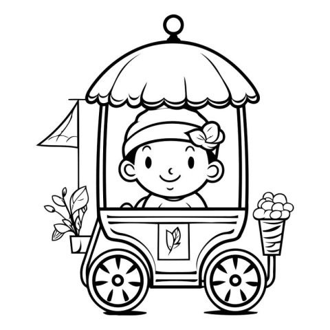 Cartoon boy riding a cart with ice cream. Vector illustration.