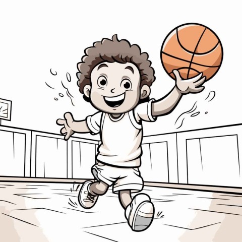 Cartoon Illustration of a Kid Boy Playing Basketball in the Cour