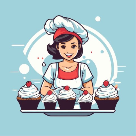 Chef woman with cupcakes. Vector illustration in cartoon style.