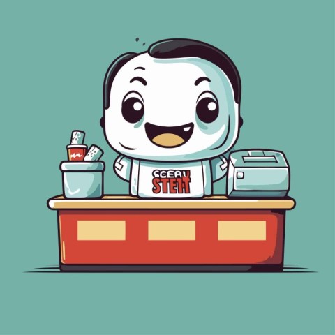 Cute robot sitting at the counter. Vector illustration in cartoo