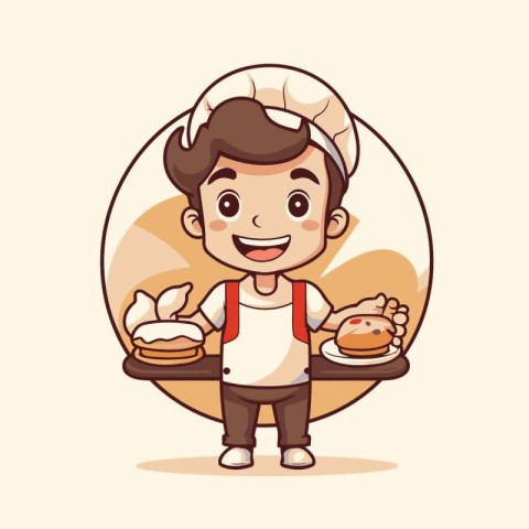 Cartoon baker boy with bread and buns. Vector illustration.