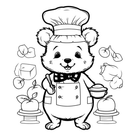 Cute cartoon bear chef with food. Vector illustration coloring p