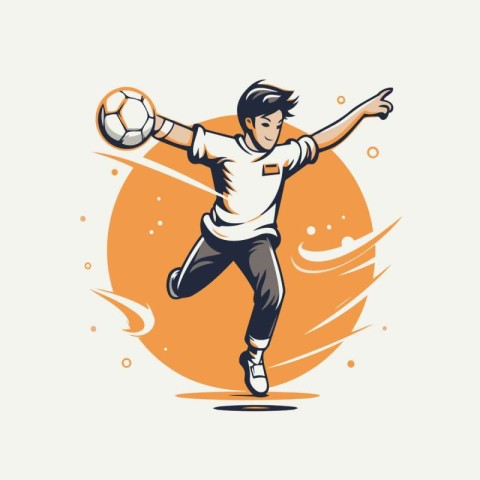 Soccer player kicking the ball. Vector illustration in retro sty