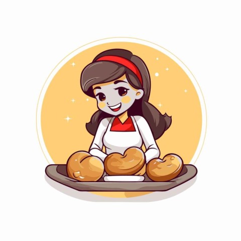 Cute little girl baking bread. Vector illustration in cartoon st