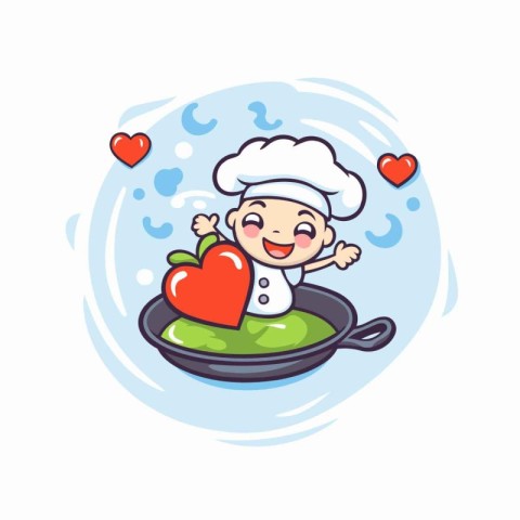 Cute chef boy in a pan with heart. vector illustration.