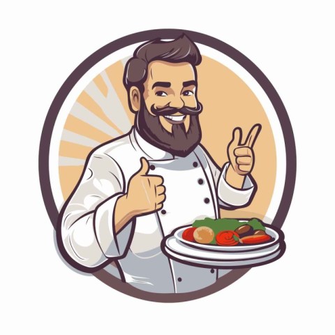 Chef holding plate with food. Vector illustration in cartoon sty