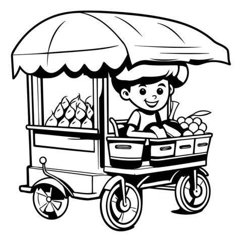 Illustration of a Kid Boy Riding a Fast Food Cart Full of Fruits