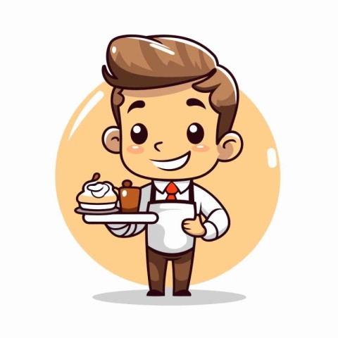 Cute waiter holding a plate with cake and cupcake. Vector illust