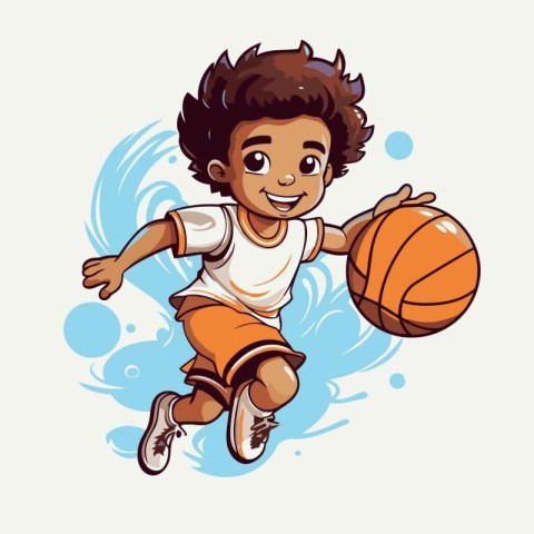 Illustration of a Little Boy Playing Basketball on a Water Splas