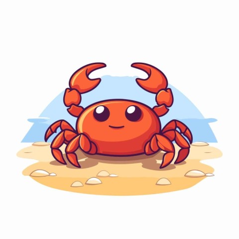 Cute cartoon red crab on the beach. Vector illustration isolated