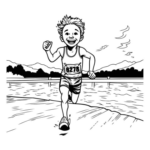 Running man jogging on the beach. black and white vector illustr