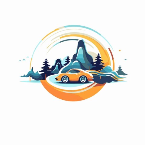 Car in the mountains. Vector illustration. Isolated on a white b