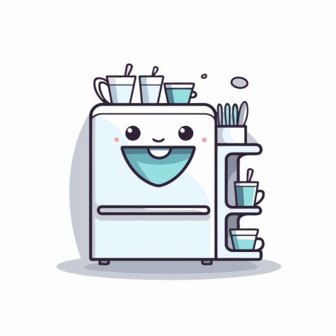 Funny kitchen fridge character with cup of coffee. vector illust