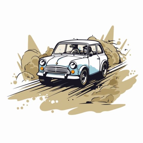 Vintage car on the road. Hand drawn vector illustration in sketc