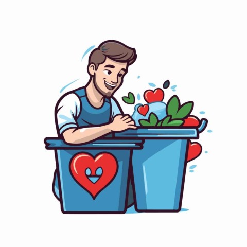 Vector illustration of a man picking fruits and vegetables from