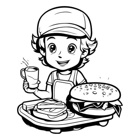 Cartoon Illustration of Kid Boy Eating Fast Food or Hamburger fo