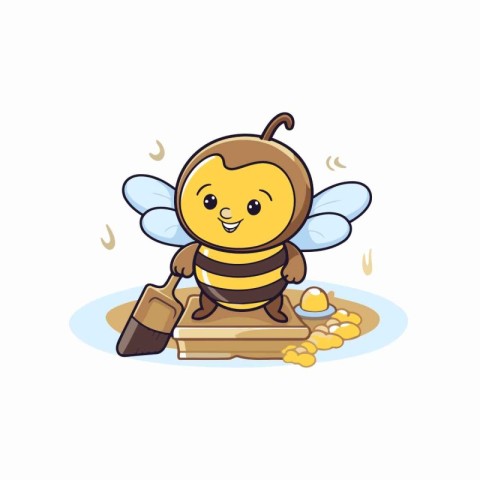 Cute cartoon bee character with a wooden shovel. Vector illustra