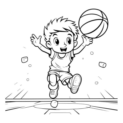 Cartoon boy playing basketball. Coloring book page for kids.