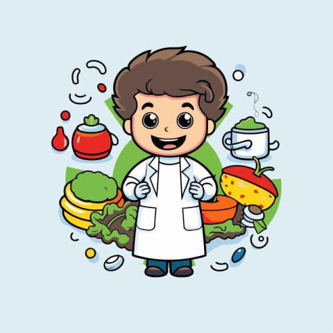 Cartoon chef with healthy food. Vector illustration of cartoon c