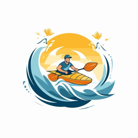 Man in a kayak on the background of the sea. Vector illustration