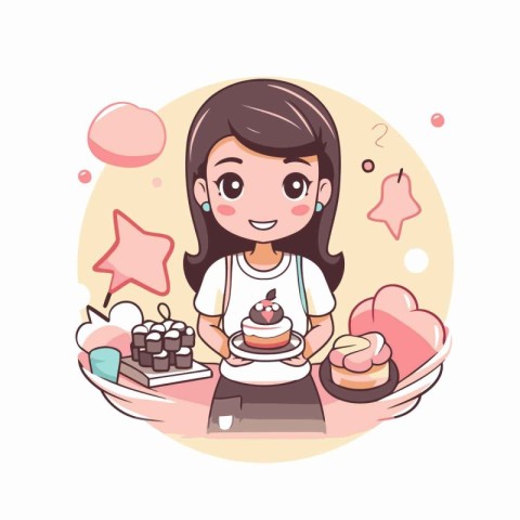 Cute girl eating cake. Vector illustration in a flat style.