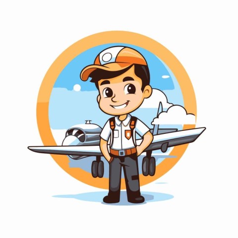 Cute cartoon boy in pilot costume with airplane. Vector illustra