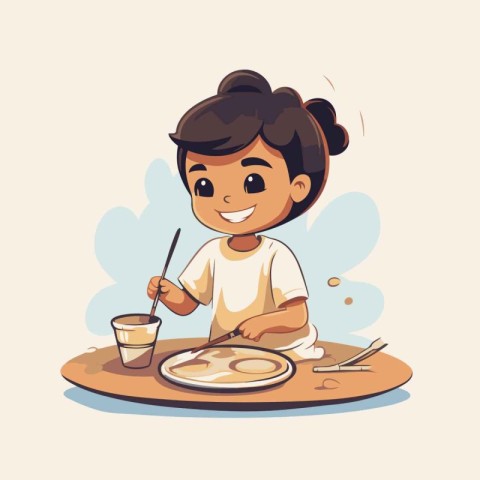 Cute little girl eating breakfast with milk. Vector cartoon illu