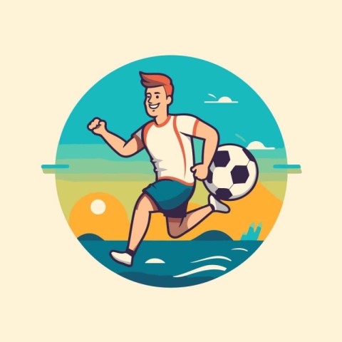 Man playing football on the beach. Vector illustration in cartoo