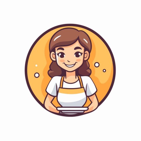 Cute girl chef in apron holding plate. Vector illustration.