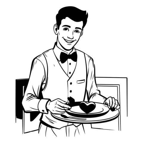 young man waiter serving a tray with a heart vector illustration