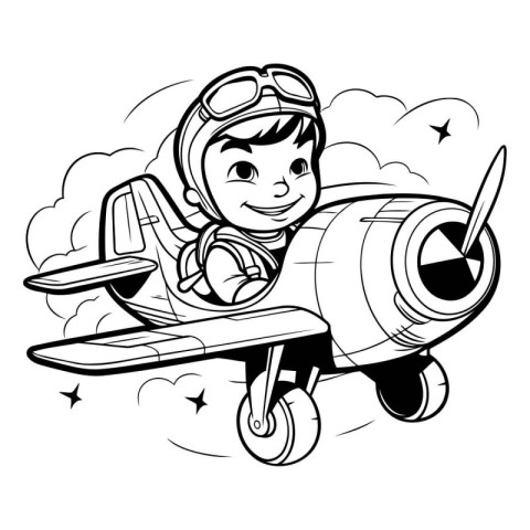 Cartoon little boy flying in a toy airplane. Vector illustration