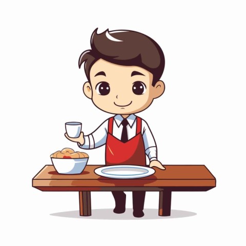 Cute little boy in apron and apron sitting at the table and serv