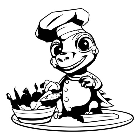 Turtle chef with a plate of vegetables. black and white vector i