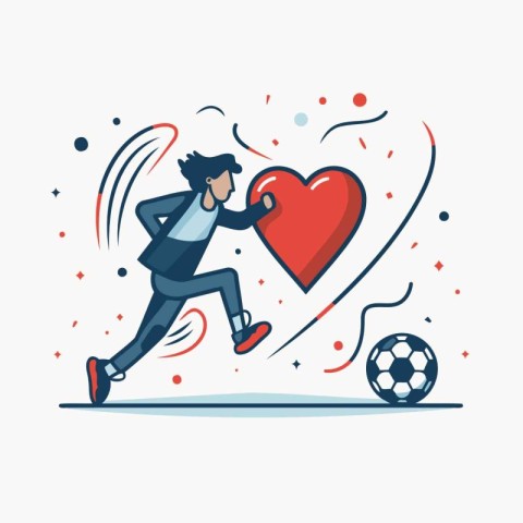 Businessman running with heart and ball. Vector illustration in