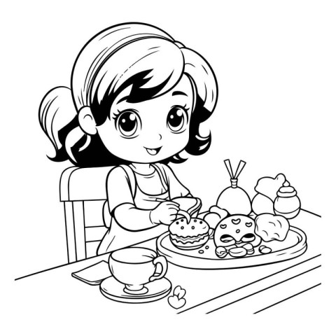 Cute little girl having breakfast. Coloring book for children.