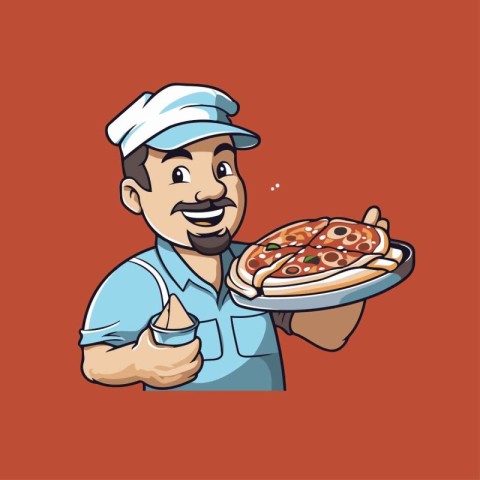 Pizza delivery man holding a pizza. Vector illustration in carto