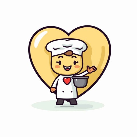 Cute chef holding pot in heart shape. Vector cartoon character i