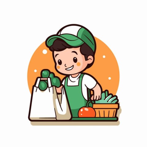 Cute boy in apron with shopping bag and vegetables. vector illus