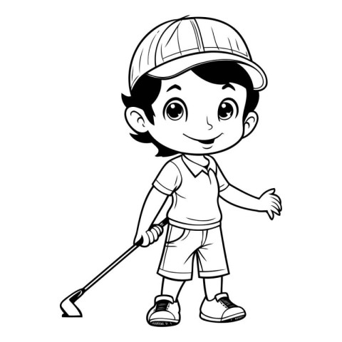 Boy golfer with golf club and helmet cartoon vector illustration